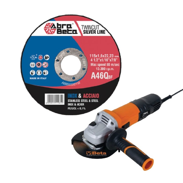 KIT MOLE ABRASIVE INOX/FERRO + SMERIGLIATRICE set 300 pz Ø 115 x 1,6 mm + Beta '1956-115'